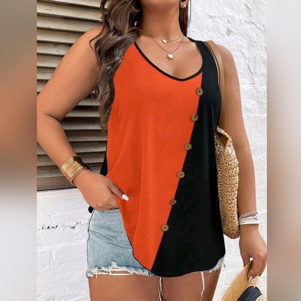 Two Tone Button Detail Tank Top Orange/Black